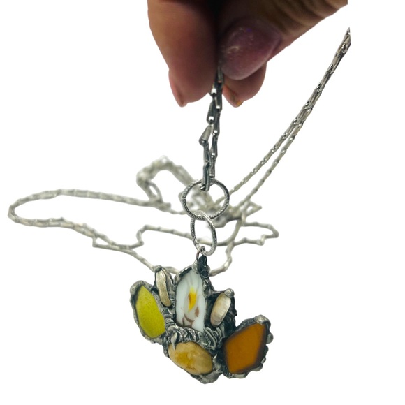 Citrine Sea Glass & Broken China Artisan Pendant Vintage Triple Chain Necklace - Picture 12 of 16